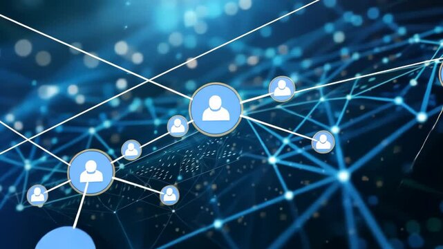 This artwork depicts interconnected user profiles within a dynamic digital landscape, highlighting technological synergies in businesses and the evolving field of artificial intelligence