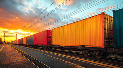 Sunset Freight Train: Colorful Cargo Containers on Rails, Global Logistics and Transportation