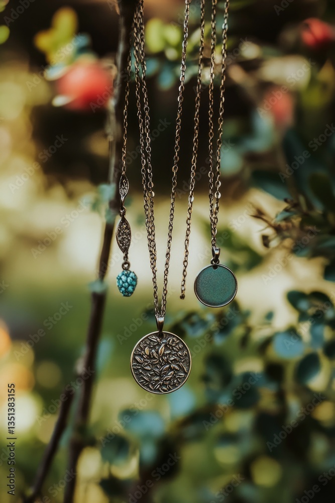 Poster a pair of necklaces hang from a tree branch, possibly as part of a ritual or ceremony