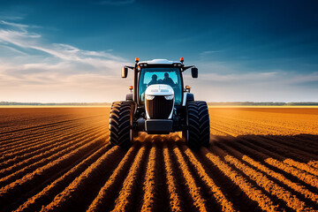 Fototapeta premium Tractor cultivating freshly plowed field, vibrant sunset sky overhead, smooth brown earth with distinct furrows, concept of agriculture, farming operations, outdoor work, machinery in action