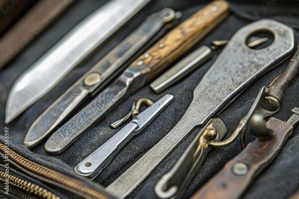 Poster Tools in various shapes and sizes stored in a case