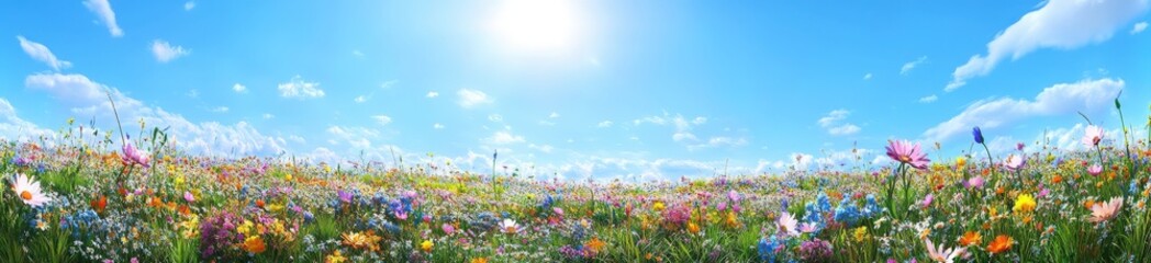 Obraz premium An expansive field of vibrant flowers beneath a clear blue sky
