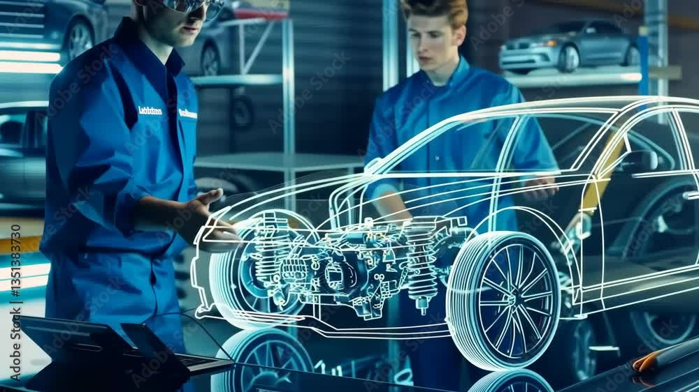 Fototapete Engineers are using advanced holographic displays to better visualize complex automotive designs, while AIs fusion with mechanical engineering improves vehicle development and outcomes