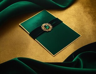 Elegant green velvet invitation card with a gold brooch on a golden fabric backdrop.