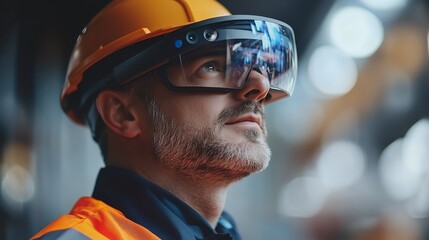 Close-up of a man wearing a hard hat and augmented reality glasses, futuristic technology in construction site, concept for industrial innovation and future technology