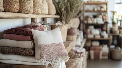 Creamy off-white cushion with dusty rose geometric pattern, handwoven texture, and fringed edge, resting on a stack of textiles on a wooden shelf; concept for home decor, DIY, handmade, and craft