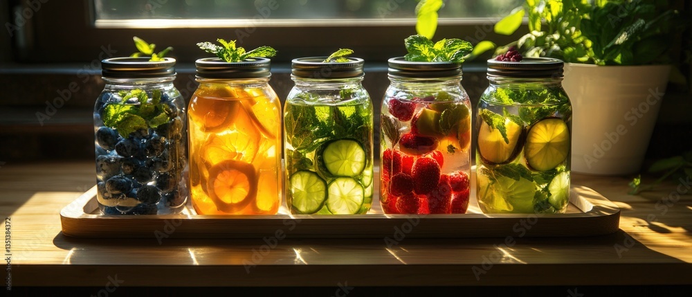 Poster fresh produce stored in colorful jars on a tray
