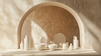 Beige archway display with skincare products