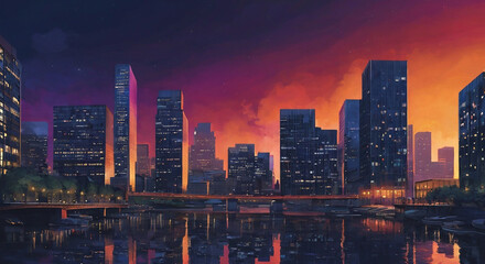 Obraz premium night scene of a bustling urban cityscape, depicted in a dynamic freestyle style, with bold brushstrokes and textures, set against a dark blue to indigo gradient sky
