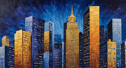 night scene of a bustling urban cityscape, depicted in a dynamic freestyle style, with bold brushstrokes and textures, set against a dark blue to indigo gradient sky