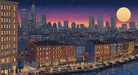 Fototapeta premium night scene of a bustling urban cityscape, depicted in a dynamic freestyle style, with bold brushstrokes and textures, set against a dark blue to indigo gradient sky
