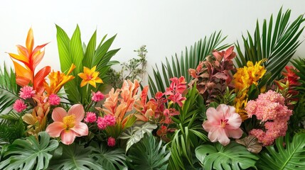 Collection of Tropical Flowers and Plants on a White Background