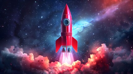 Powerful Vermilion Rocket Silhouette Blasting Off into the Vast Cosmos Iconic Symbol of Daring Visionary Innovation and Futuristic Space