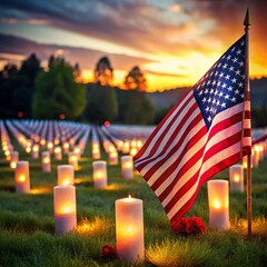 American flag at sunset, memorial candles