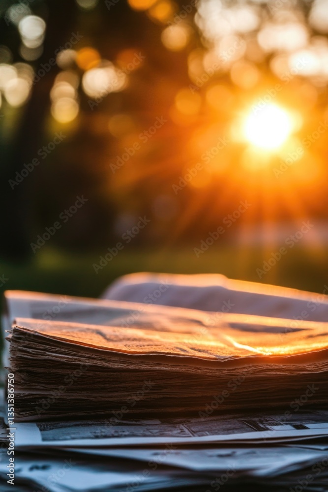 Poster a stack of newspapers lying on a table surface, suitable for use in newsroom, office or home setting