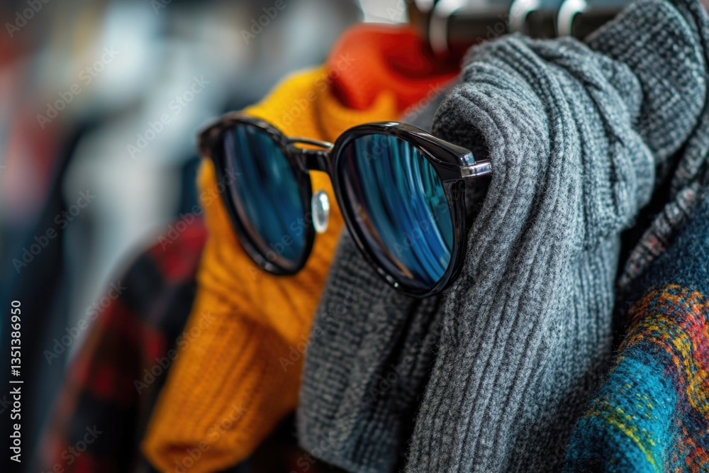 Poster a rack of colorful sweaters and trendy sunglasses displayed for customers to browse