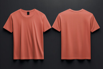 blank t shirt color coralle pink template mockup front and back view red t- shirt on black background, fashion design print clothing