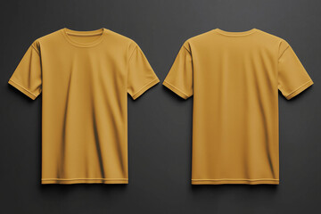 blank t shirt color yellow ocher template mockup front and back view t- shirt on black background, fashion design print clothing