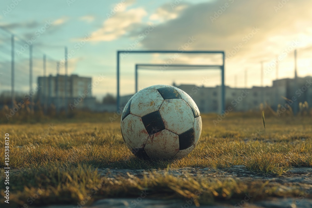 Poster a soccer ball sits alone in the middle of a grassy field, awaiting the start of a game