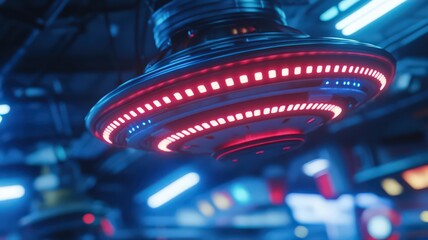 Futuristic Disc-Shaped Object with Red and Blue Lights in Dark Industrial Setting