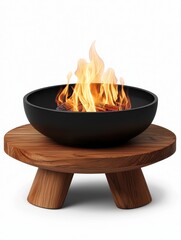 Modern Fire Pit with Wooden Base and Flames This Stylish Outdoor Decorative Element Warms Your Space with Elegance
