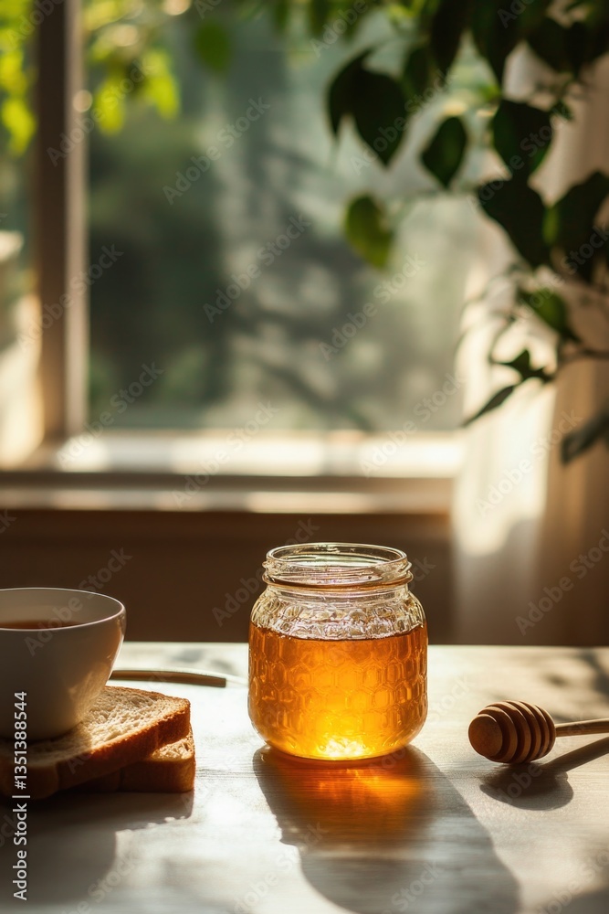 Poster a jar of honey placed next to a bowl containing the same substance