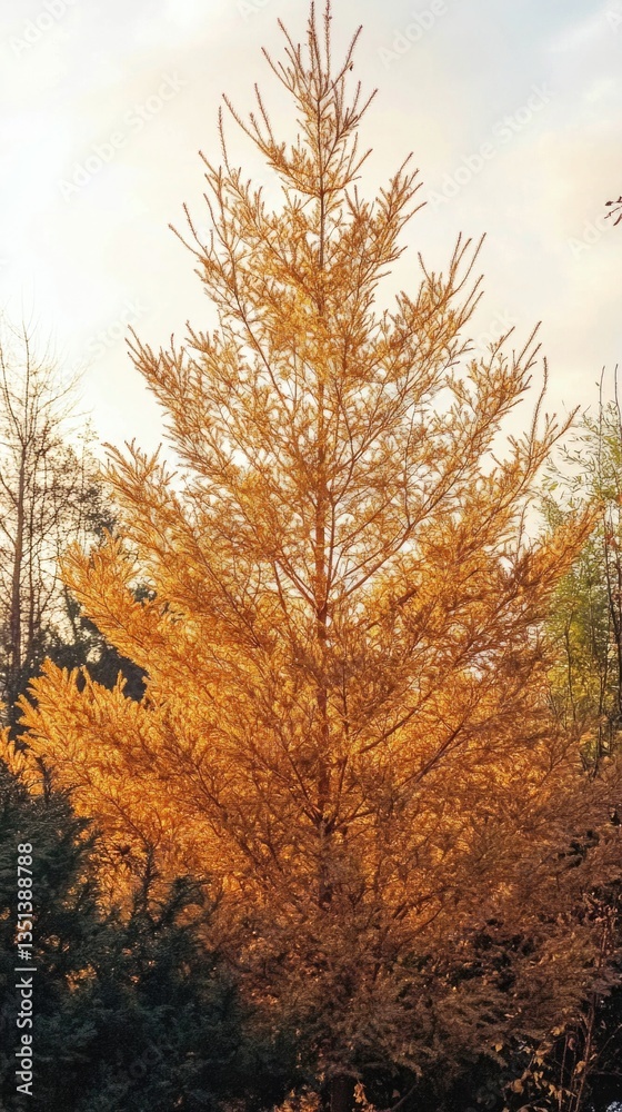 Poster a yellow tree stands out in a dense forest environment