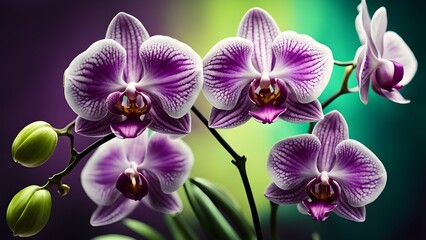 Close-up vibrant purple white phalaenopsis orchids full bloom, showcasing intricate details.