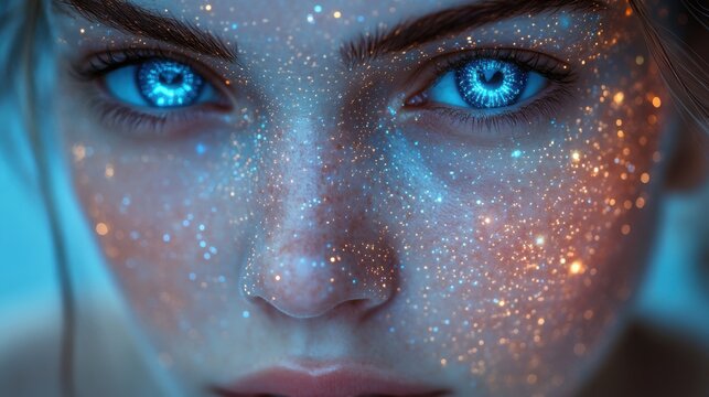 A close-up of a humanoid android's synthetic skin, with delicate glowing circuits running beneath its translucent surface.