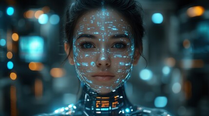 A digital assistant materializing as a holographic human figure inside a high-tech home.