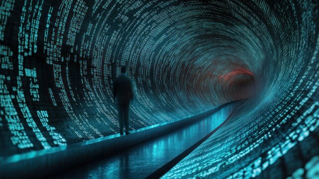Businessman in digital code tunnel, futuristic background, path forward, potential stock photo use