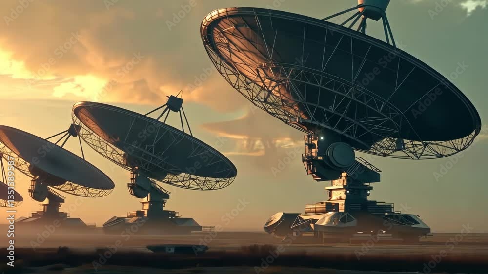 Poster three advanced satellite dishes stand majestically against a dusk sky, representing the intersection