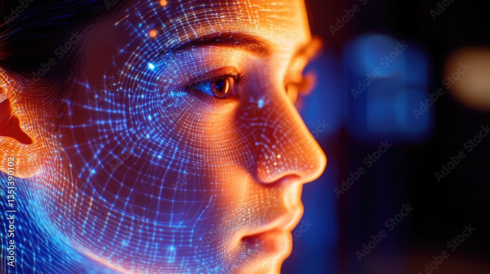 Poster Close up shot of a person's face with futuristic design elements and features