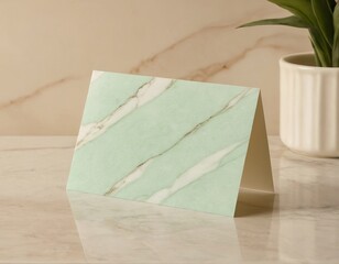Elegant green marbled greeting card on a marble surface with a plant in the background.