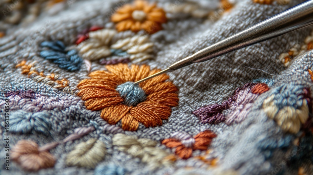 Poster a detailed view of a needle placed on a piece of cloth, ideal for use in textile-related or crafting