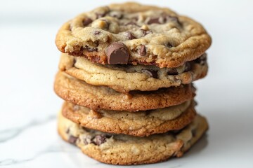 A close up view of a stack of freshly baked chocolate chip cookies on a white surface
