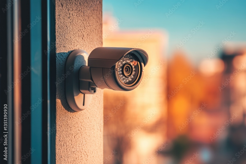 Poster a security camera mounted on the side of a building, useful for surveillance and monitoring purposes