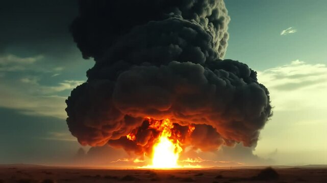 Explosive mushroom cloud rises over desert landscape during a nuclear test simulation event showing powerful effects of atomic detonations Generative AI