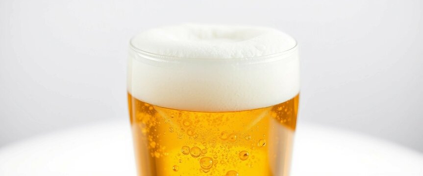 Nahaufnahme eines Glases mit hellem Bier und Schaumkrone, ideal f&uuml;r Bierwerbung und Gastronomie-Designs.