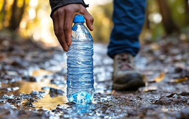 Person Holding Water Bottle Near Stream