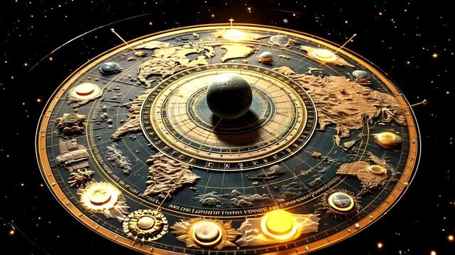 Exploring a detailed flat earth map of the universe with intricate designs, celestial bodies, and a glowing center representing the sun's energy Generative AI
