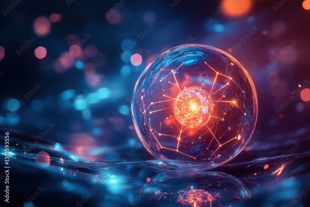 Poster glowing sphere with intricate patterns in a colorful digital environment