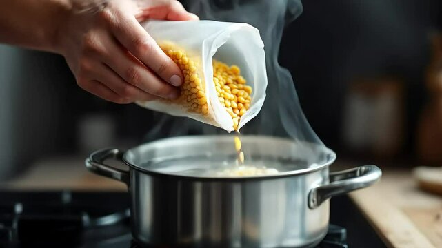 Cooking split peas in a pot on a stovetop with steam rising during the evening in a cozy kitchen setting Generative AI