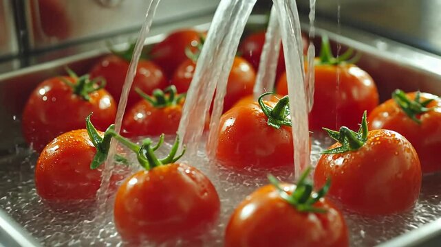 Washing Tomatoes in a Metal Tray