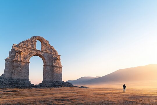 lone traveler stands gazing at majestic ruins of ancient historical site under clear blue sky