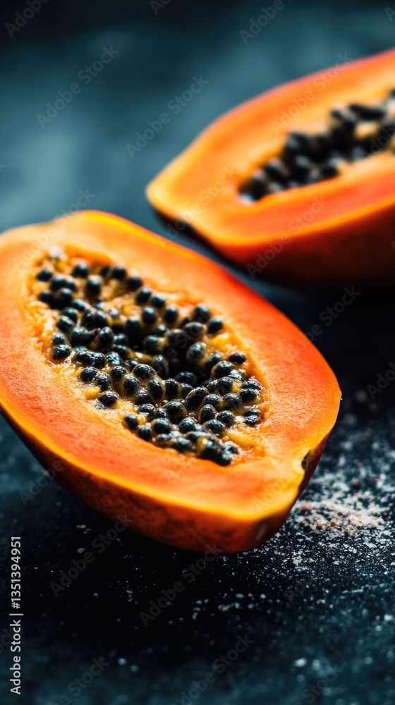 Poster fresh papaya cut in half, placed on a table for serving or display