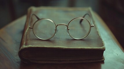Vintage round glasses on a weathered old book resting on a wooden table surface