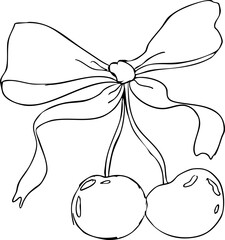 Cherry with Bow coquette sketchy doodle drawing. Trendy aesthetic y2k girly charming cherries with ribbon