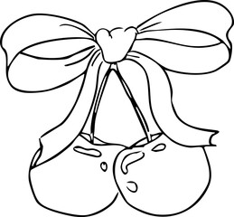 Cherry with Bow coquette sketchy doodle drawing. Trendy aesthetic y2k girly charming cherries with ribbon