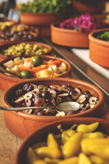 Delicious buffet table with Fresh and Vibrant Organic Vegetables in Rustic Clay Bowls and greens, featuring variety of healthy and colorful plant-based dishes for vegetarian or vegan meal